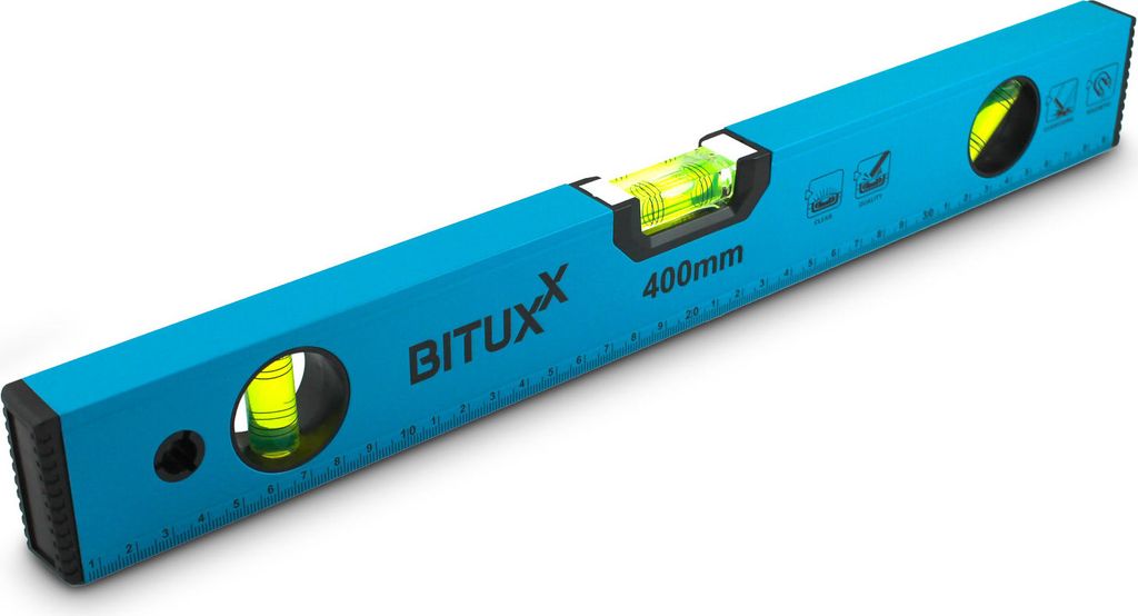 A blue spirit level with a black end cap, set against a white background.