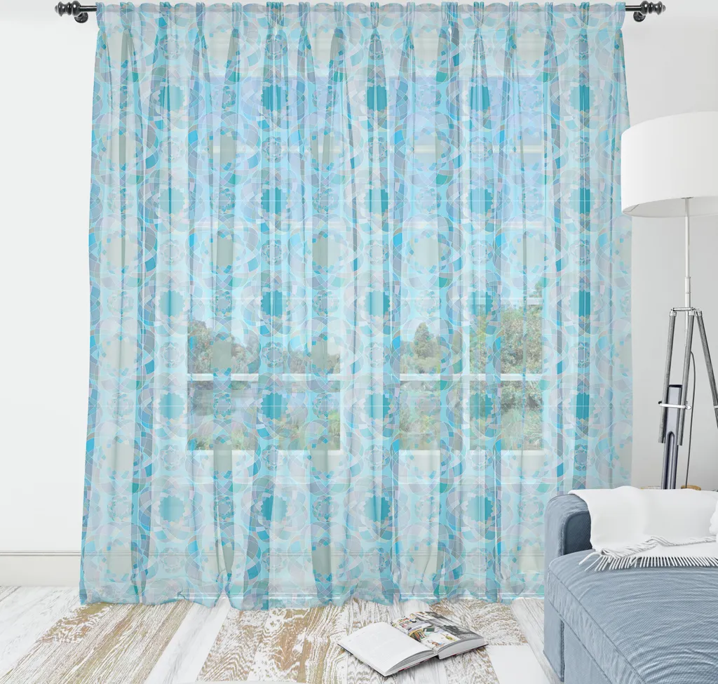 ABAKUHAUS Arazzo astratto, motivi geometrici mandala moderni, tessuto da parete in raso setoso per soggiorno e camera da letto, 210 cm x 274 cm, blu cielo multicolore