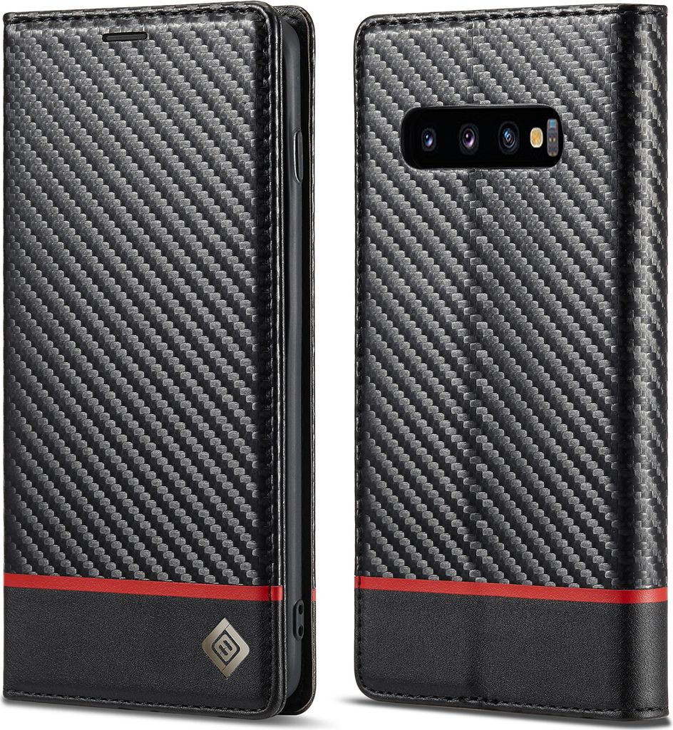 Hülle für Samsung Galaxy S10 Kohlefaser Leder Brieftasche Produktbild 