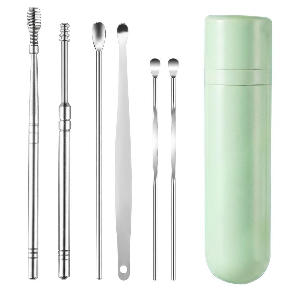 COOL-I® Edelstahl Ohrenreiniger Set 6-teilig – 6-in-1 Produktbild  KI-generiertes Bild