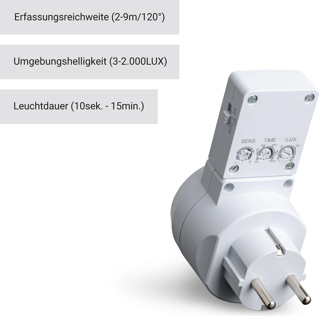 Bewegungsmelder Zwischenstecker mit Schalter 120° 9m LED Produktbild 4