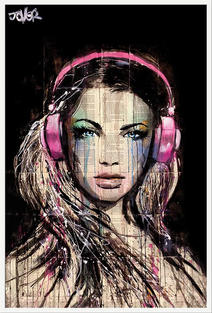 Affiche DJ Girl par Loui Jover avec Cadre Shinsuke Blanc Maxi en Acrylique