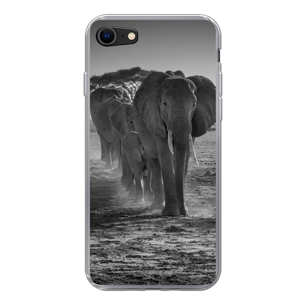 MuchoWow Handyhülle Schutzhülle Hülle für iPhone SE 2022 Elefant - Einfarbig - Tiere - Schwarz - Weiß Silikon Softcase Handy Hülle - Schutz...