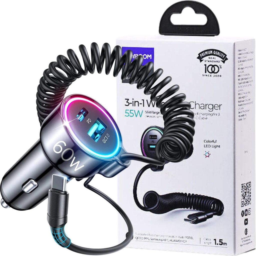 Joyroom Caricabatterie da auto Jr-Cl07, 3W1, 1Xusb 1Xusb-C Immagine del prodotto 