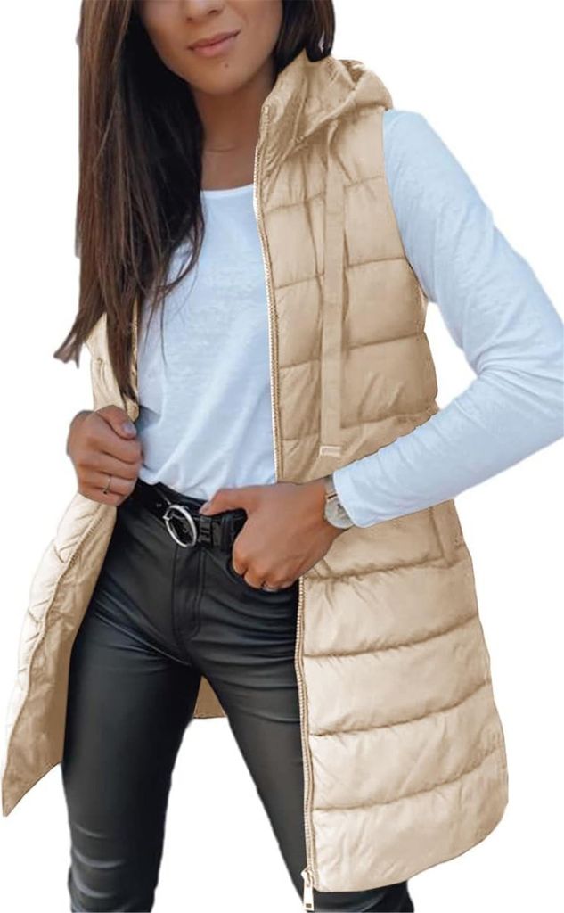 ASKSA Damen Steppweste Lang aermellose mit Kapuze Weste Warm Leichte Winterjacke Casual Steppmantel Einfarbige Winter Sportwesten (Aprikose,M)