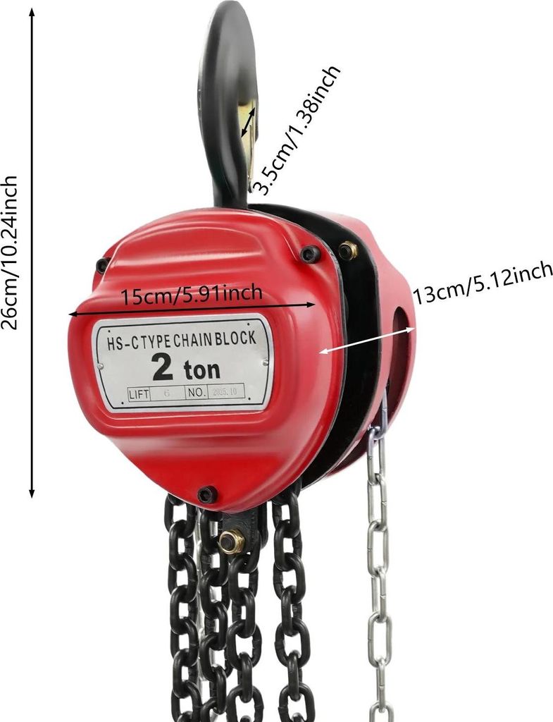 Handkettenzug - Kettenflaschenzug - 2 t Tragfähigkeit - 6 m Hubhöhe - G80-Kette - Manganstahl - Rot