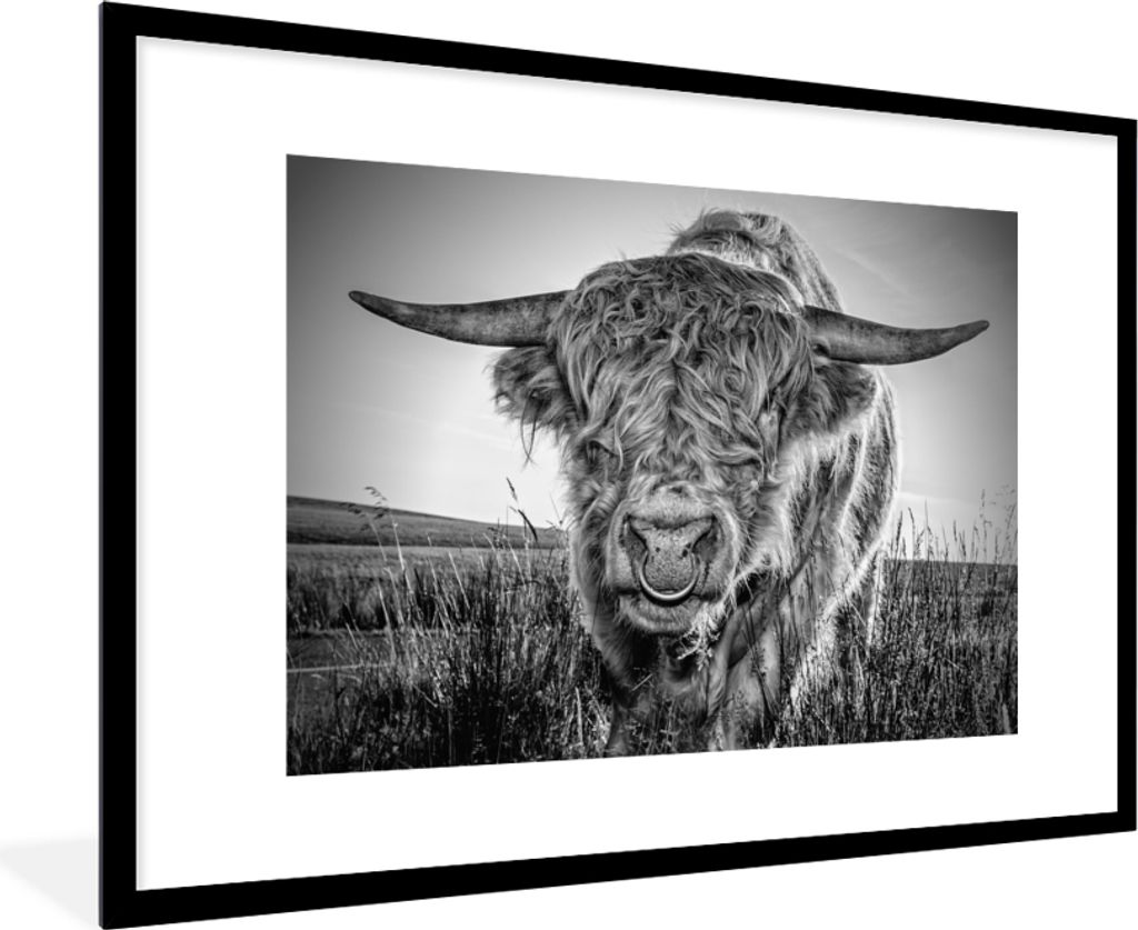 MuchoWow Gerahmtes Poster Schottischer Highlander - Schwarz und Weiß 90x60 cm - Poster mit Schwarzem Bilderrahmen Wandposter Rahmen Foto Bilder ...