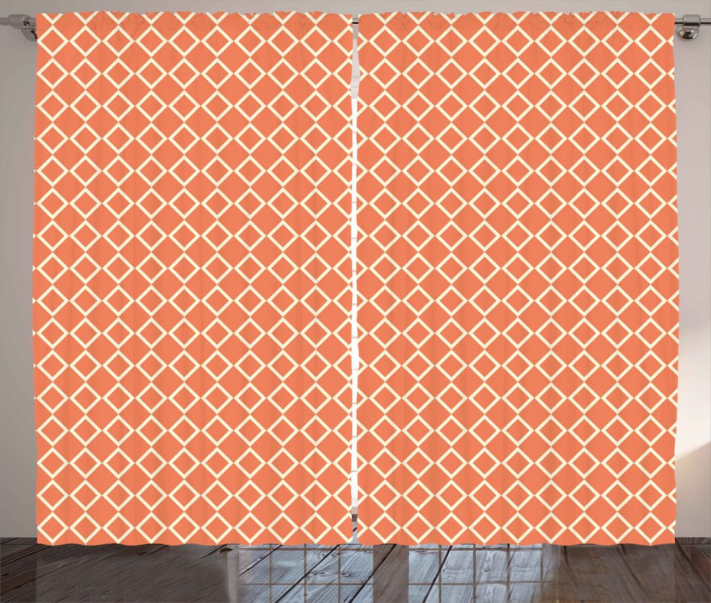 ABAKUHAUS Geometrisch Rustikaler Gardine, Checkered Moderne Fliesen, Schlafzimmer Kräuselband Vorhang mit Schlaufen und Haken, 280 x 175 cm, Orang...