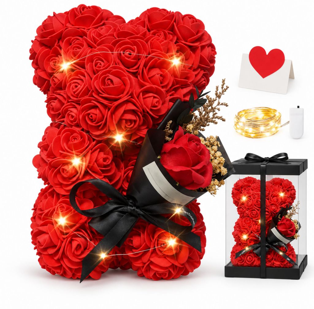 Roter Rosenbär mit Blumenstrauß und Lichterkette, 25 cm, Produktbild 
