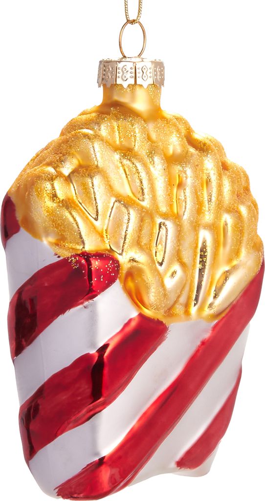A glass ornament shaped like a container of french fries.