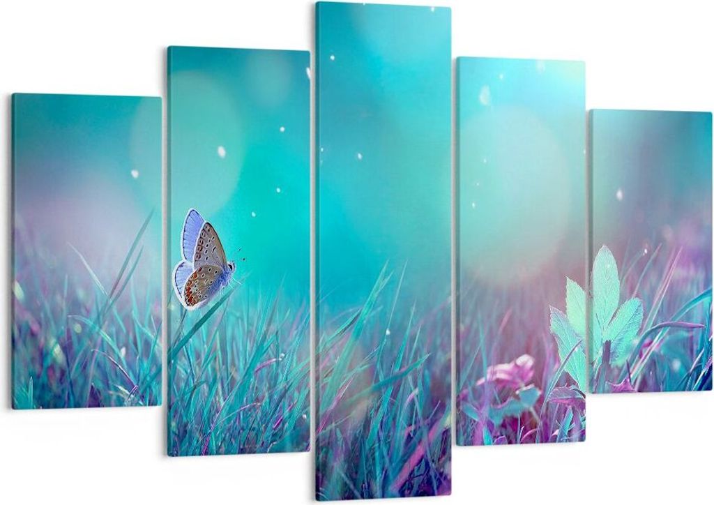 Bild auf Leinwand - Leinwandbild - Schmetterling Wiese Blume - 150x100cm - Wand Bild - Wanddeko - Leinwanddruck - Bilder - Kunstdruck - Wanddekorat...