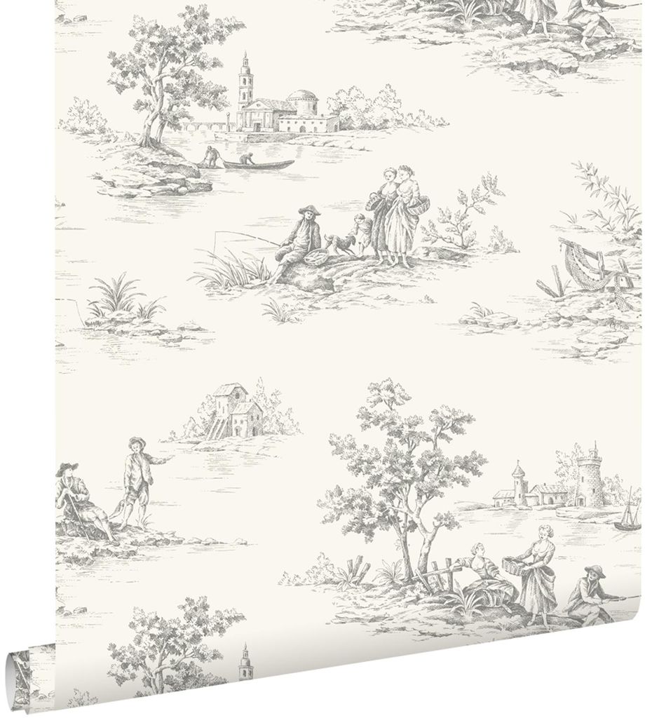 ESTAhome Tapeta nadruk toile de jouy szarym 0.53 x 10.05 m Zdjęcie produktu 
