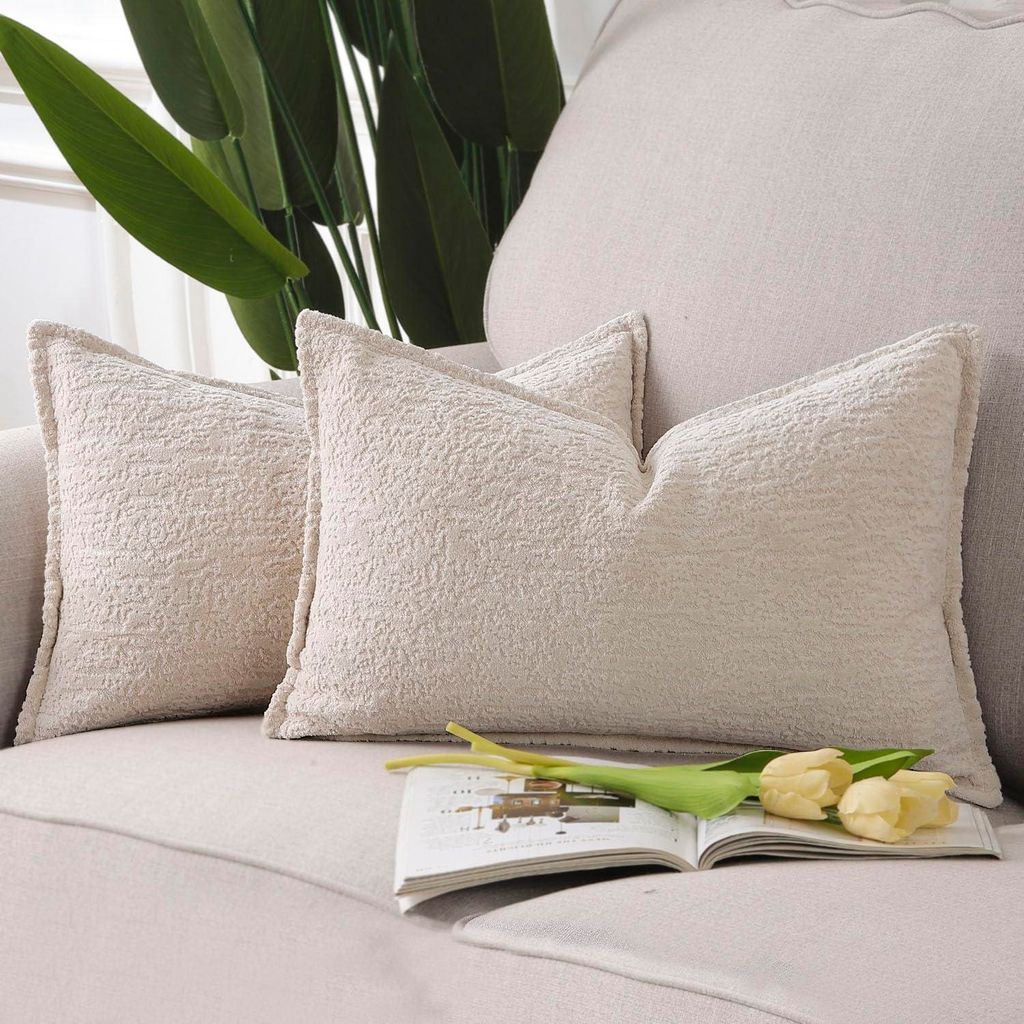 Set mit 2 Kissenbezügen aus Chenille-Samt mit Zierbordüre, weiche, neutrale Dekokissen für Sofa und Schlafzimmer, Boho-Kissenbezüge für Schlaf...