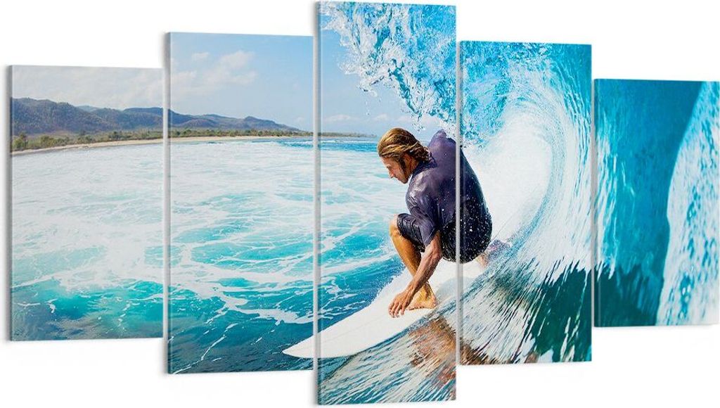 Bild auf Leinwand - Leinwandbild - Surfen Surfer Ozean Welle - 160x85cm - Wand Bild - Wanddeko - Leinwanddruck - Bilder - Kunstdruck - Wanddekorati...
