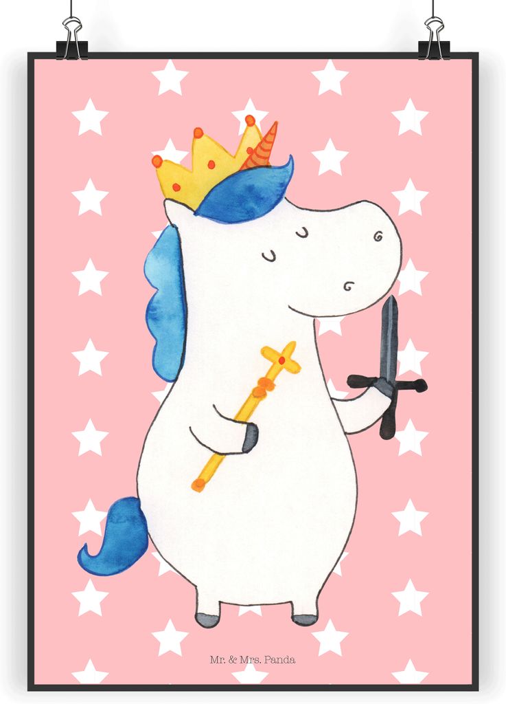 Mr. & Mrs. Panda Bild Einhorn König mit Schwert DIN A5 - Rot Pastell - Geschenk, Einhörner, Unicorn, Ritter, drucke, Wandbild, Mittelalter, wandd...