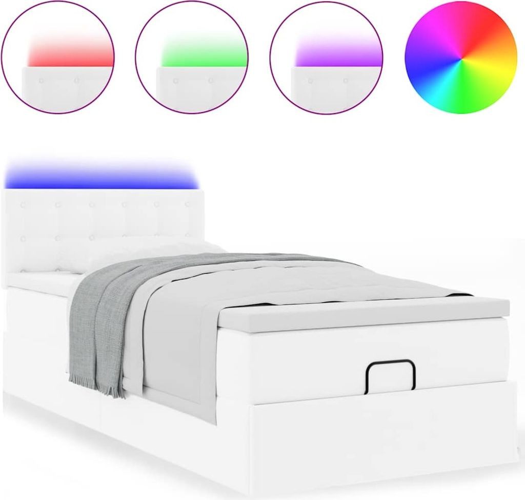 "SALE 2026"Ottoman-Bett - Einzelbett/Jugendbett mit Lattenrost - mit Matratzen & LEDs - Reinweiß 100x200cm Kunstleder - Klassische Betten DEMöbel...