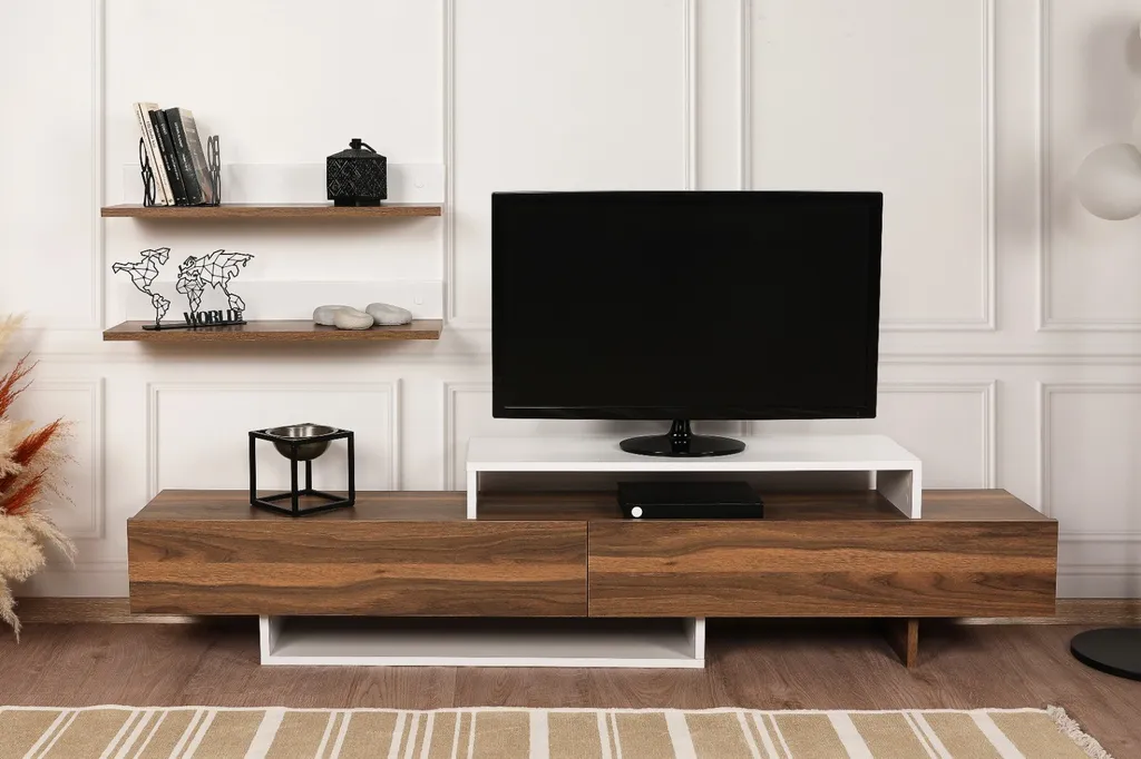 Meuble TV 180 cm blanc et teck Nirvana au design scandinave épuré