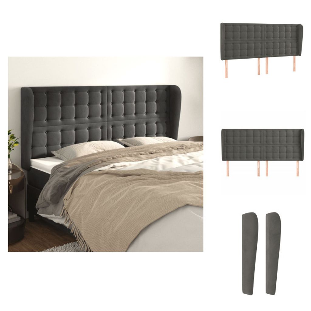 vidaXL Kopfteil mit Ohren Dunkelgrau 163x23x118/128 cm Samt - Kopf- & Fußenden