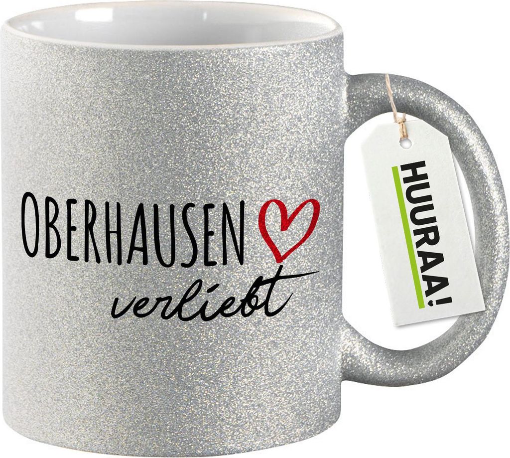 Huuraa Glitzertasse Oberhausen verliebt 330ml Silber Keramik Kaffeebecher Geschenkidee