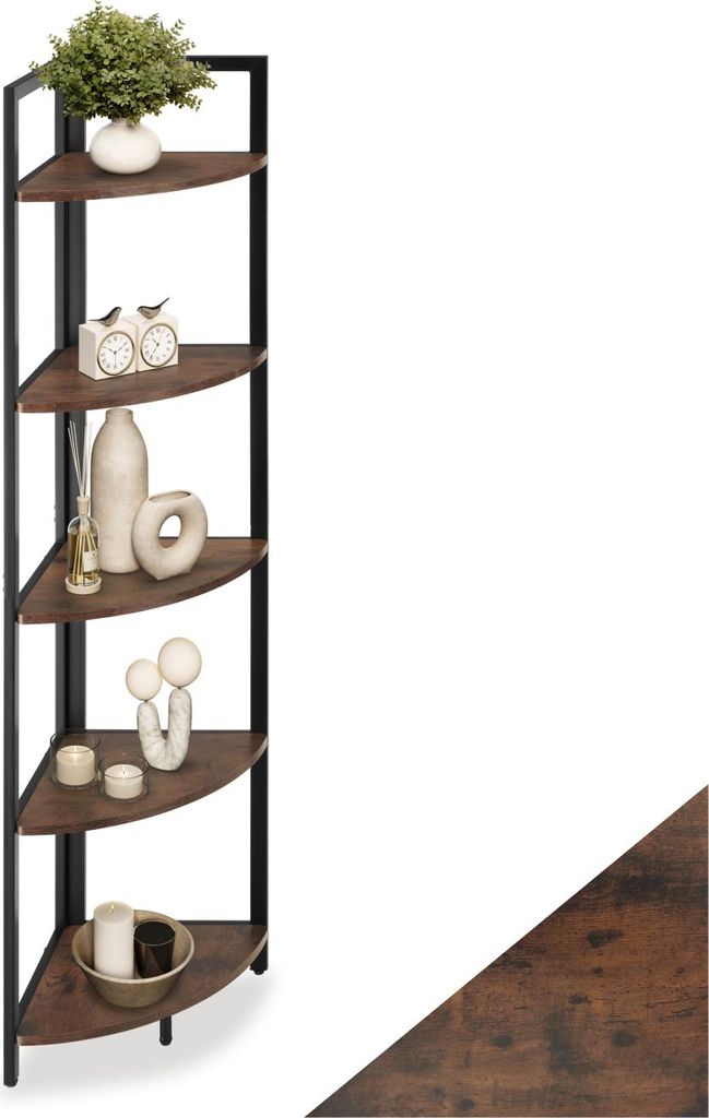 A corner shelf unit with decorative items on it, set against a white background.
