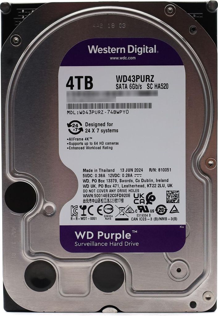 WD Purple Surveillance interne Festplatte 3,5" 4TB SATA 6 Gb/s