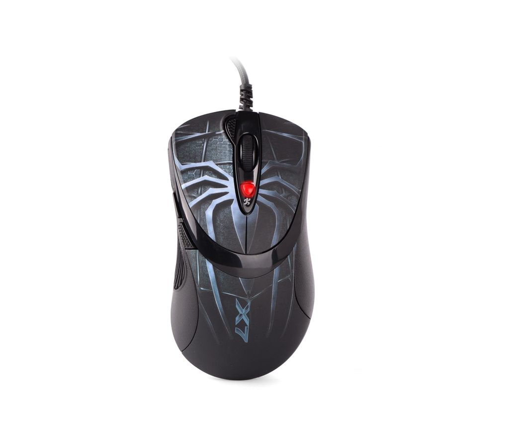 A black computer mouse with a spiderweb design and a red button, isolated on a white background.