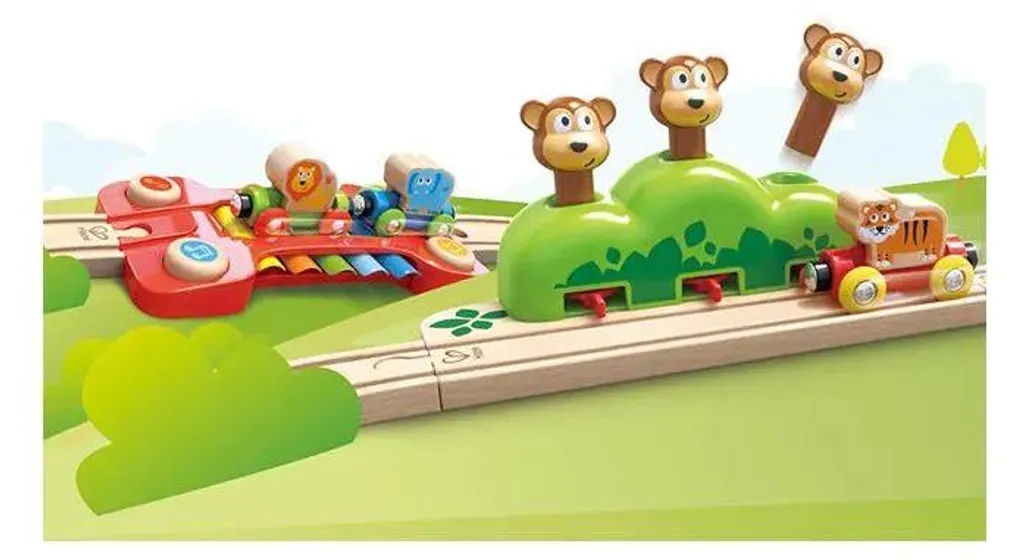 Circuit de train en bois musical Hape pour bébé avec figurines de singes
