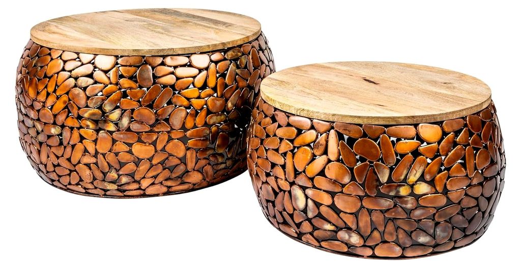2er Set Couchtisch Stone Mosaic 65cm Kupfer Akazienholz Mosaik Optik