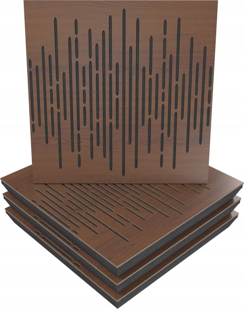 4 Stück AKUSTIK-WANDPANEELE mit Montageset | "WAVE" 50x50x5cm | Absorption und Diffusion | Farbe: Nussbaum
