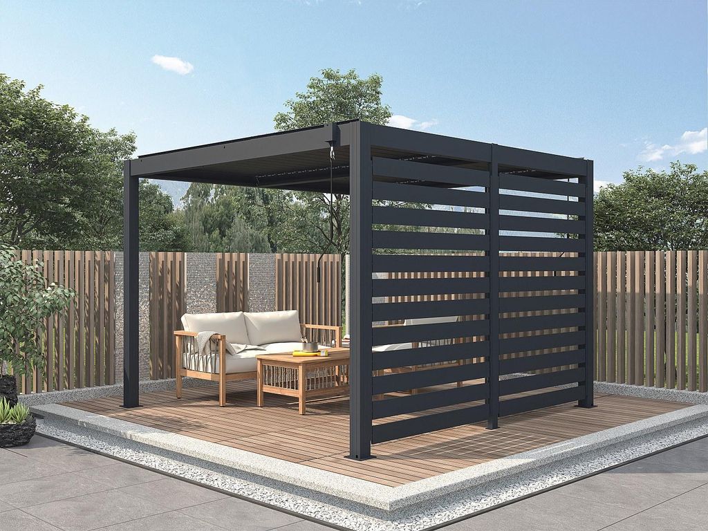 Bioklimatische Pergolawand mit verstellbarem Lichtbrecher aus anthrazitfarbenem Aluminium - Breite 2,78 x Höhe 2,2 m - BOLSENA