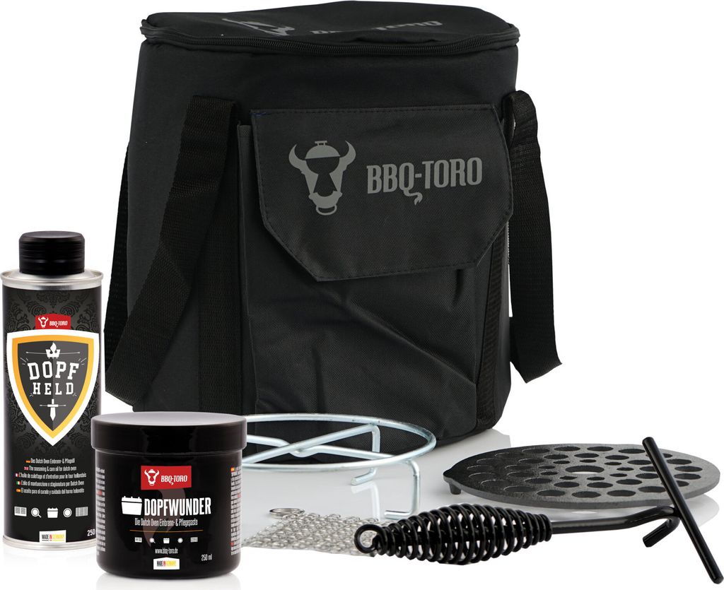 BBQ-Toro 7-teiliges Zubehör Set für Dutch Oven, mit Tasche, Pflegeöl, Pflegepaste und vielem mehr