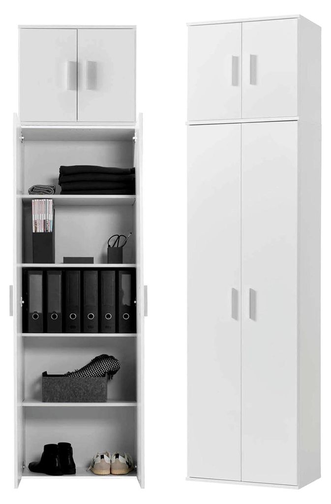 Deckenhoher Mehrzweckschrank XXL (230x60 cm) aus Holz mit 4 Türen in Weiß