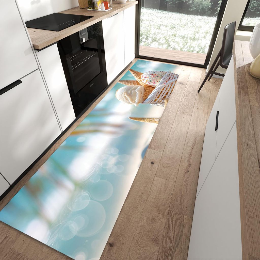 Küchenteppich 80x300cm rutschfest & abwischbar PVC Läufer - Sommer Eiskörbchen
