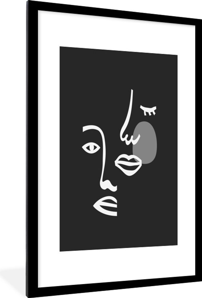 MuchoWow Gerahmtes Poster Illustration - Gesicht - Schwarz - Weiß 60x90 cm - Poster mit Schwarzem Bilderrahmen Wandposter Rahmen Foto Bilder - D...