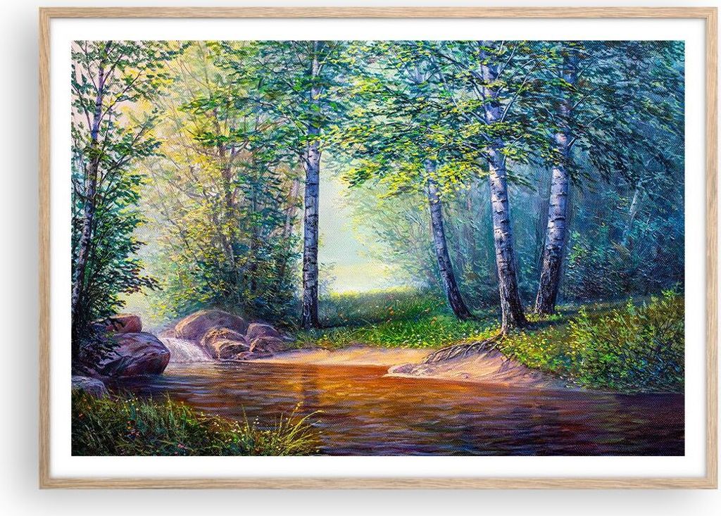 Gerahmtes Poster - Rahmen in heller Eiche - Wiese Wasser Baum - 100x70 cm - Wand Bild - Wanddeko - Wandbilder - Wandposter - Bilderrahmen - Bilder ...