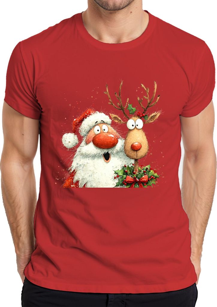 Weihnachtsmann Rentier lustig Aquarell Weihnachten Geschenk Retro Herren T-Shirt, Rot, S