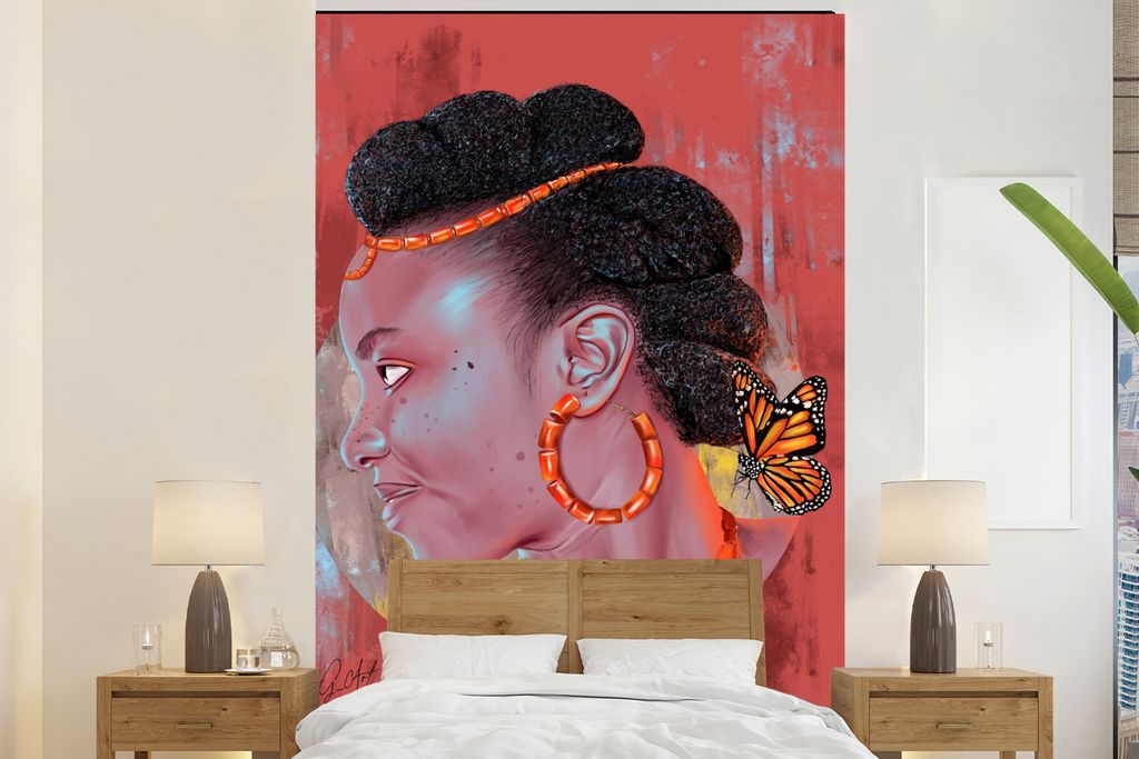 MuchoWow Fototapete für Wohnzimmer oder Schlafzimmer Wandtapete Vinyl Motivtapete Vintage - Frau - Porträt - Schmetterling - Rot - 195x300 cm -...