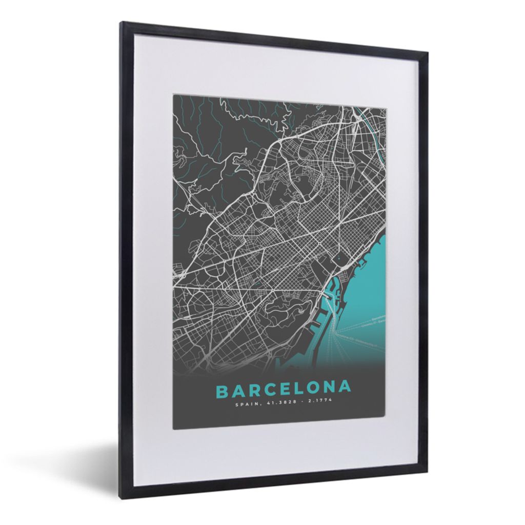 MuchoWow Gerahmtes Poster Barcelona - Blau - Karte - Stadtplan 30x40 cm - Poster mit Schwarzem Bilderrahmen Wandposter Rahmen Foto Bilder - Wandp...