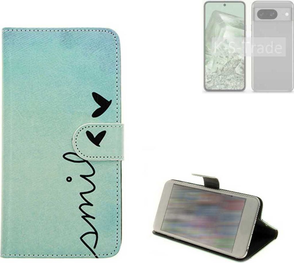 K-S-Trade Schutz Hülle Handy Hülle kompatibel mit Google Pixel 8a Hülle Handyhülle cover bookstyle Etui Handyhülle “smile“ türkis
