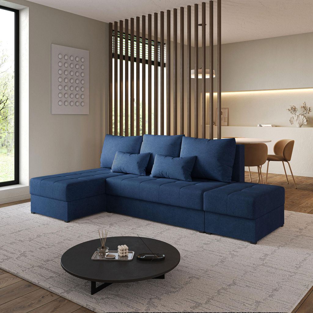 Masseno Ecksofa NORVI mit Schlaffunktion L-Form, Sofa mit Bettkasten, Wohnzimmersofa, Couch, Soffa, Bettsofa, Couchgarnitur- Blau, NEVE 77