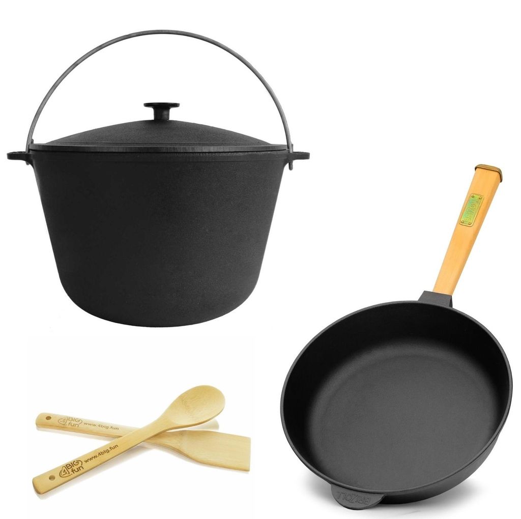 8L Touristenkessel Deckel Ø28 cm Pfanne Gusseisen Gusseisenpfanne Schwenktopf Kessel - Campingtopf Küchenhelfer Bambus Set