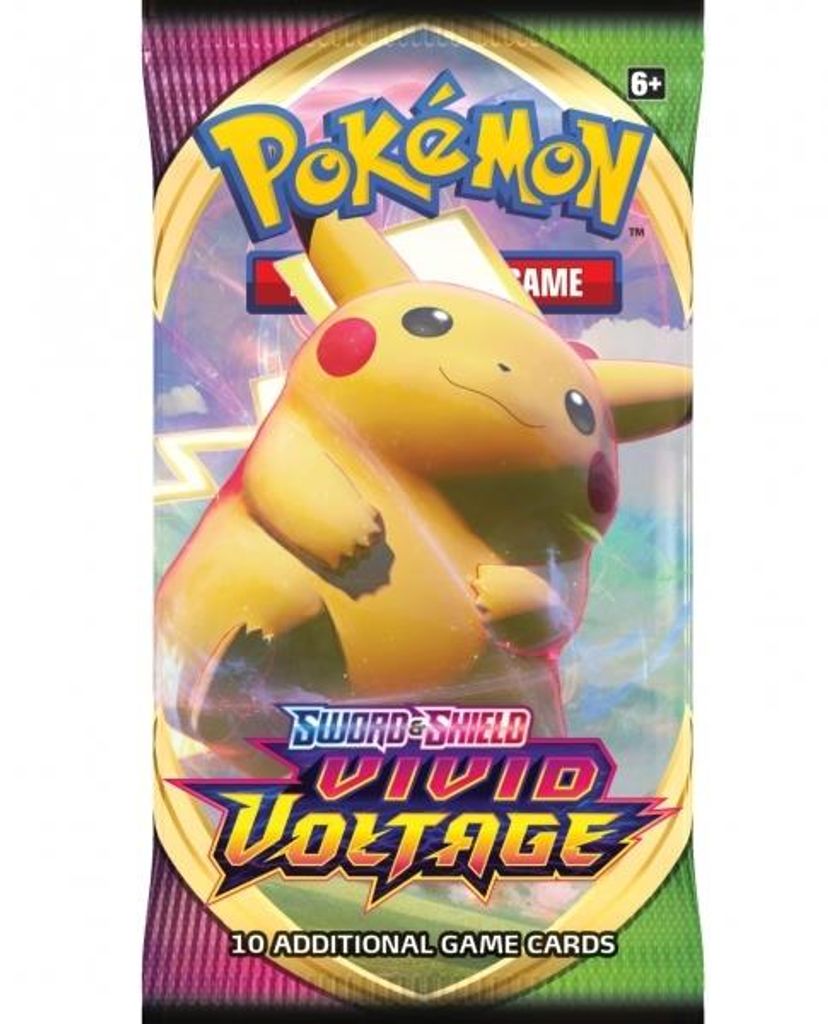 A Pokemon Sword & Shield Vivid Voltage booster pack featuring Pikachu.