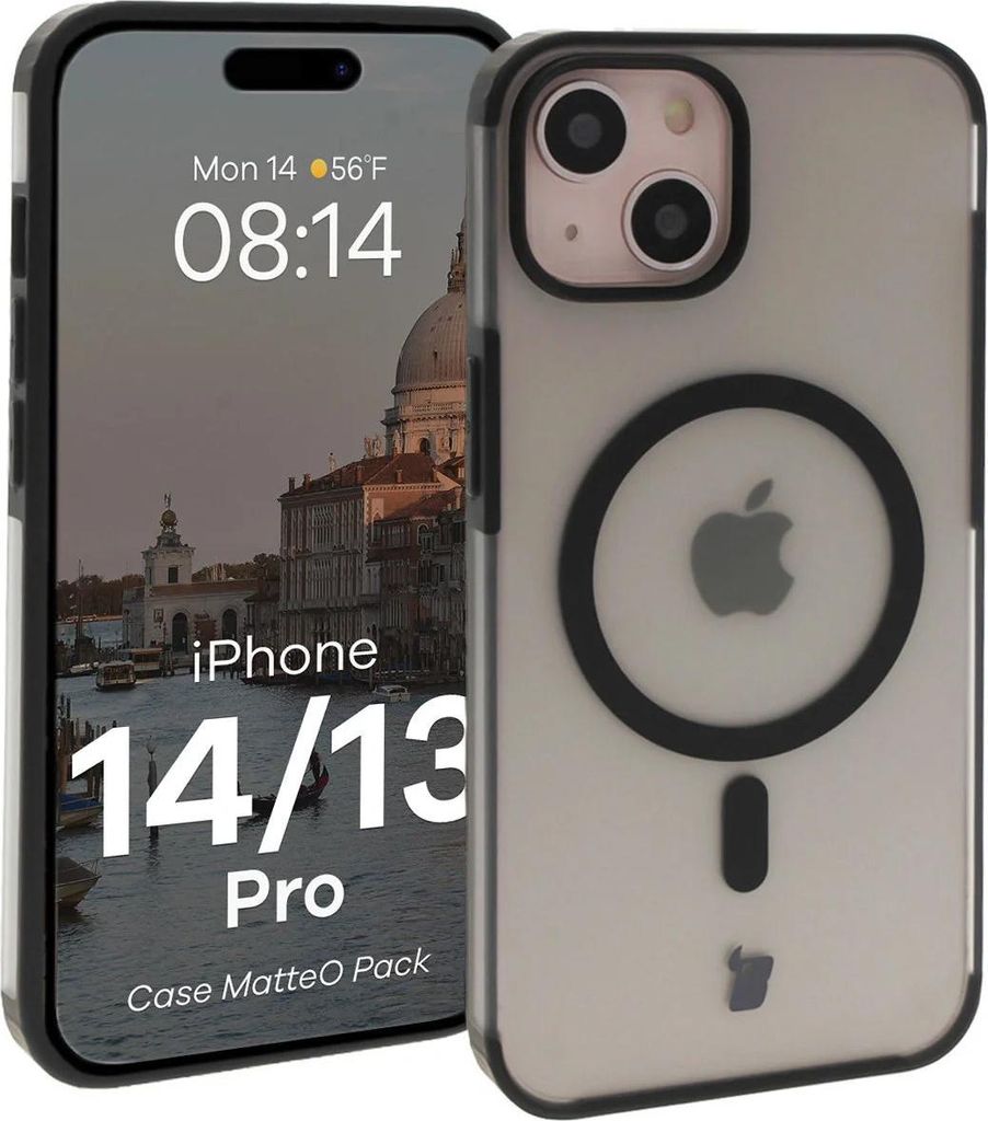 Schutzhülle mit Magnetring + gehärtetem Glas Bizon MatteO Pack für iPhone 14 / 13, Getönt-Schwarz