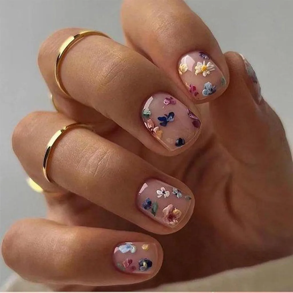 24 faux ongles courts carrés à coller motif floral en acrylique chic