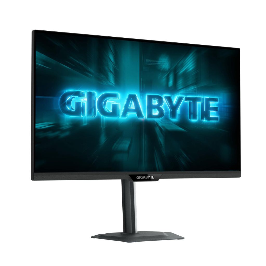 A computer monitor with the Gigabyte logo displayed on the screen.