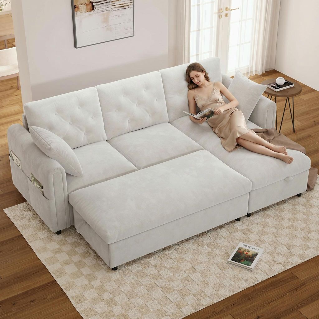 Merax 3 Sitzer Ecksofa Mit Stauraum, Sofa Mit Chaise Longue Und Hocker, Couch Mit Magazintaschen, Wechselbare Ottomane, Samt Soffa, Beige