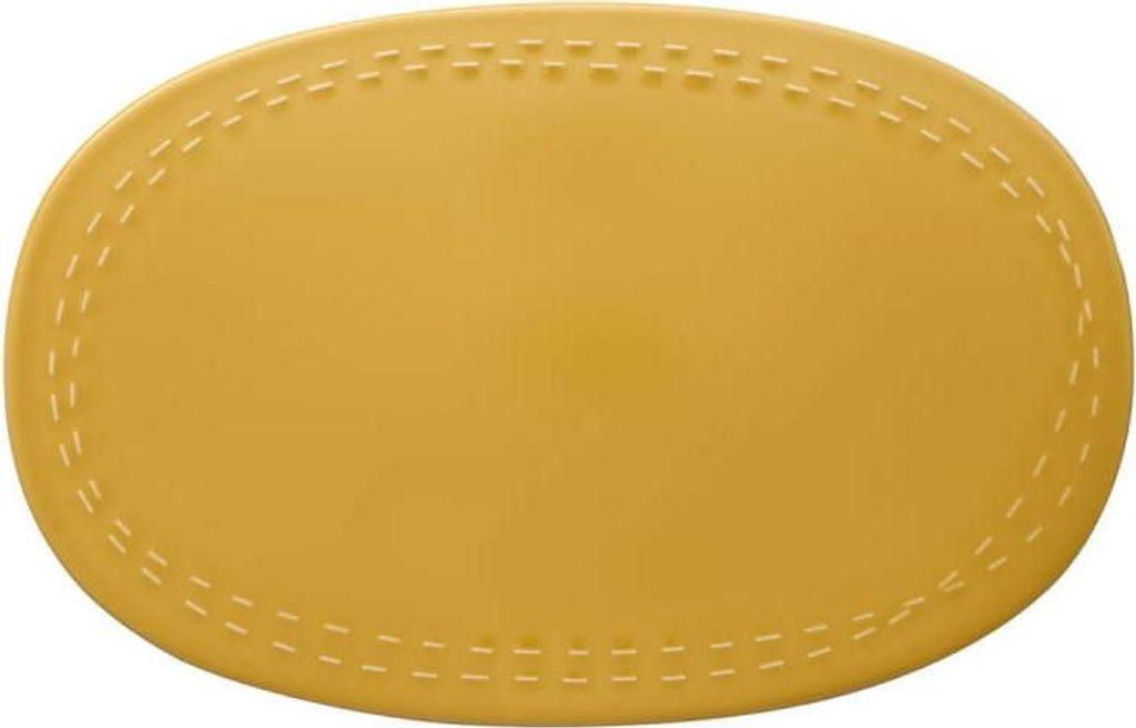 A yellow oval plate with a decorative stitched pattern around the edge, shown from a top-down perspective.