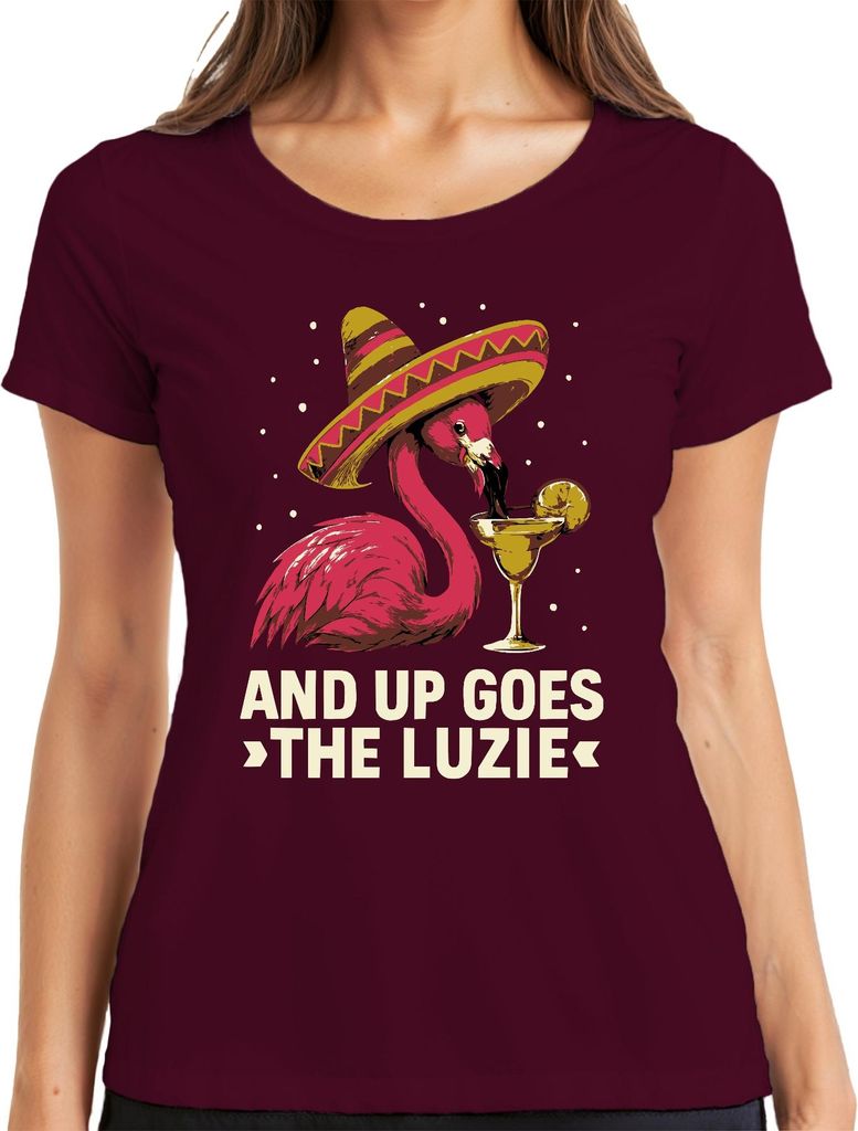 Flamingo Sombrero Margarita Up Goes the Luzie Fiesta Cocktail Party Damen T-Shirt, Burgundy, M