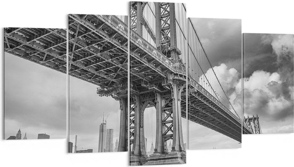 Bild auf Leinwand - Leinwandbild - 5 Teile - Manhattan Brücke Schwarzweiß - 160x85cm - Wand Bild - Wanddeko - Wandbilder - Leinwanddruck - Bilder...