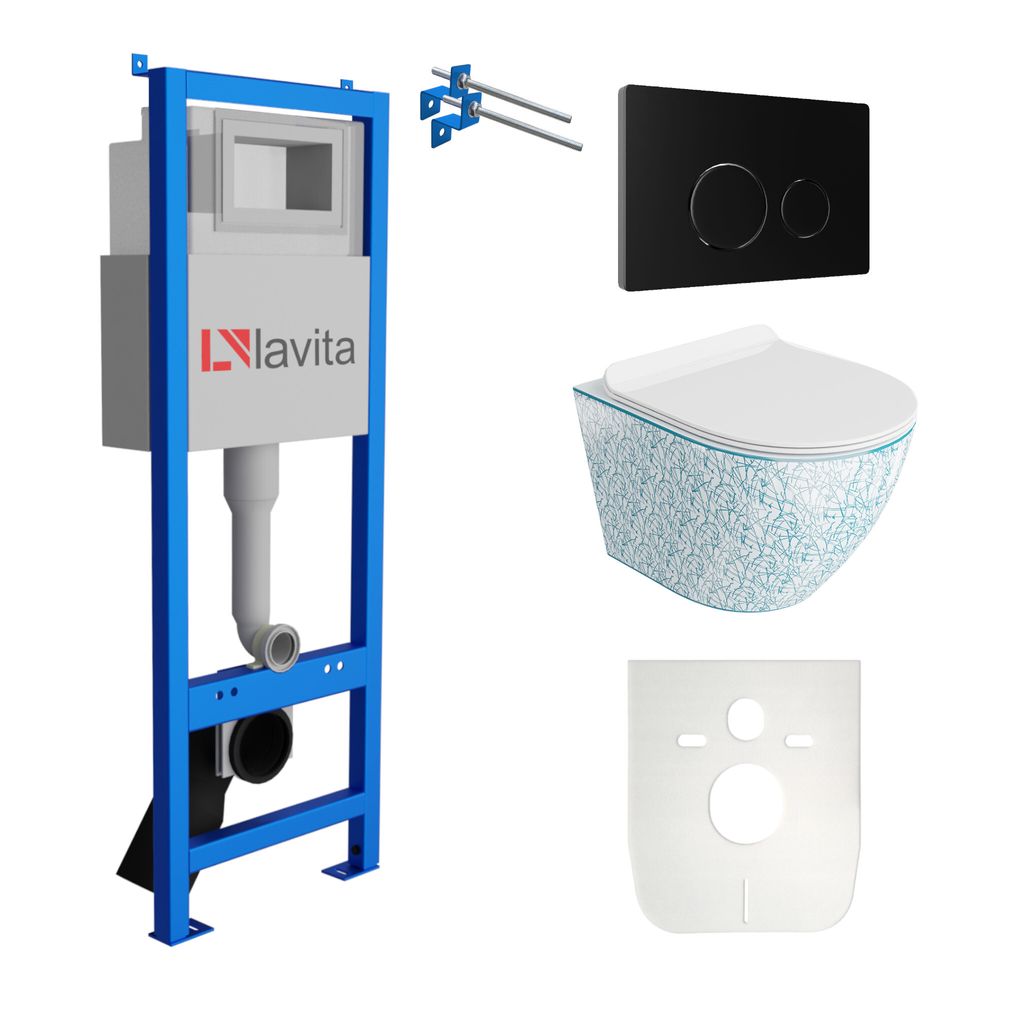 Lavita LAV 101 Vorwandelement für WC 40cm + Wand Hänge Tiefspül WC SOFI SLIM KRESZ Weiß/Blau Spülrandlos + Bedienplatte LAV 200.4.4 Schwarz | ...